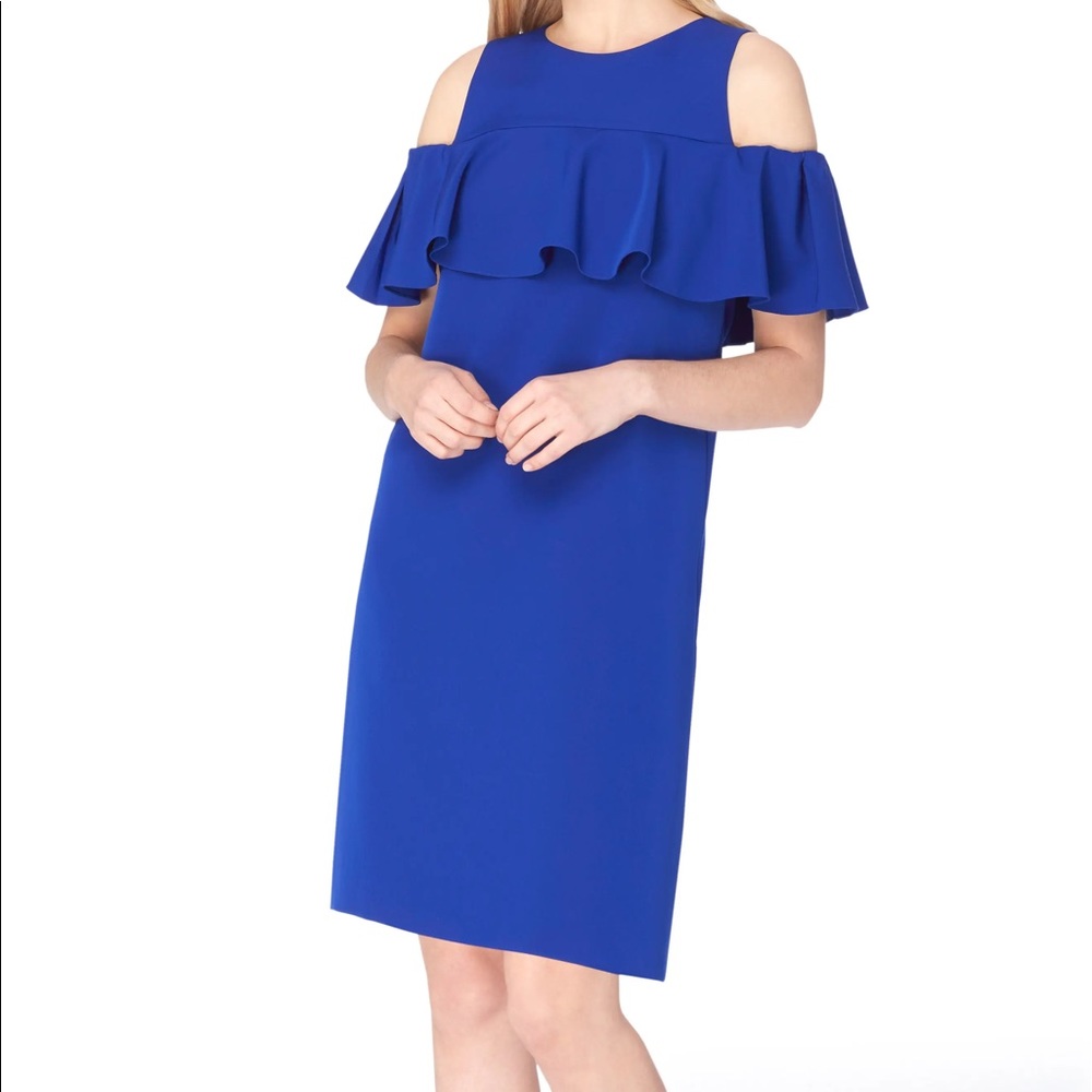 Tahari blue ruffled cold shoulder shift dress